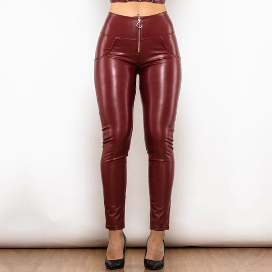 High Waist Red PU Jeans with Ring Zipper